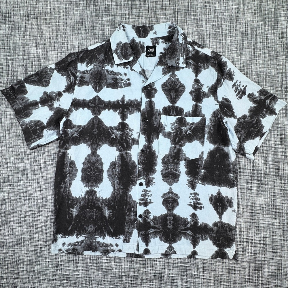 Zara Men's Short Sleeve Button Up Shirt Abstract Rorschach Print Large Cotton